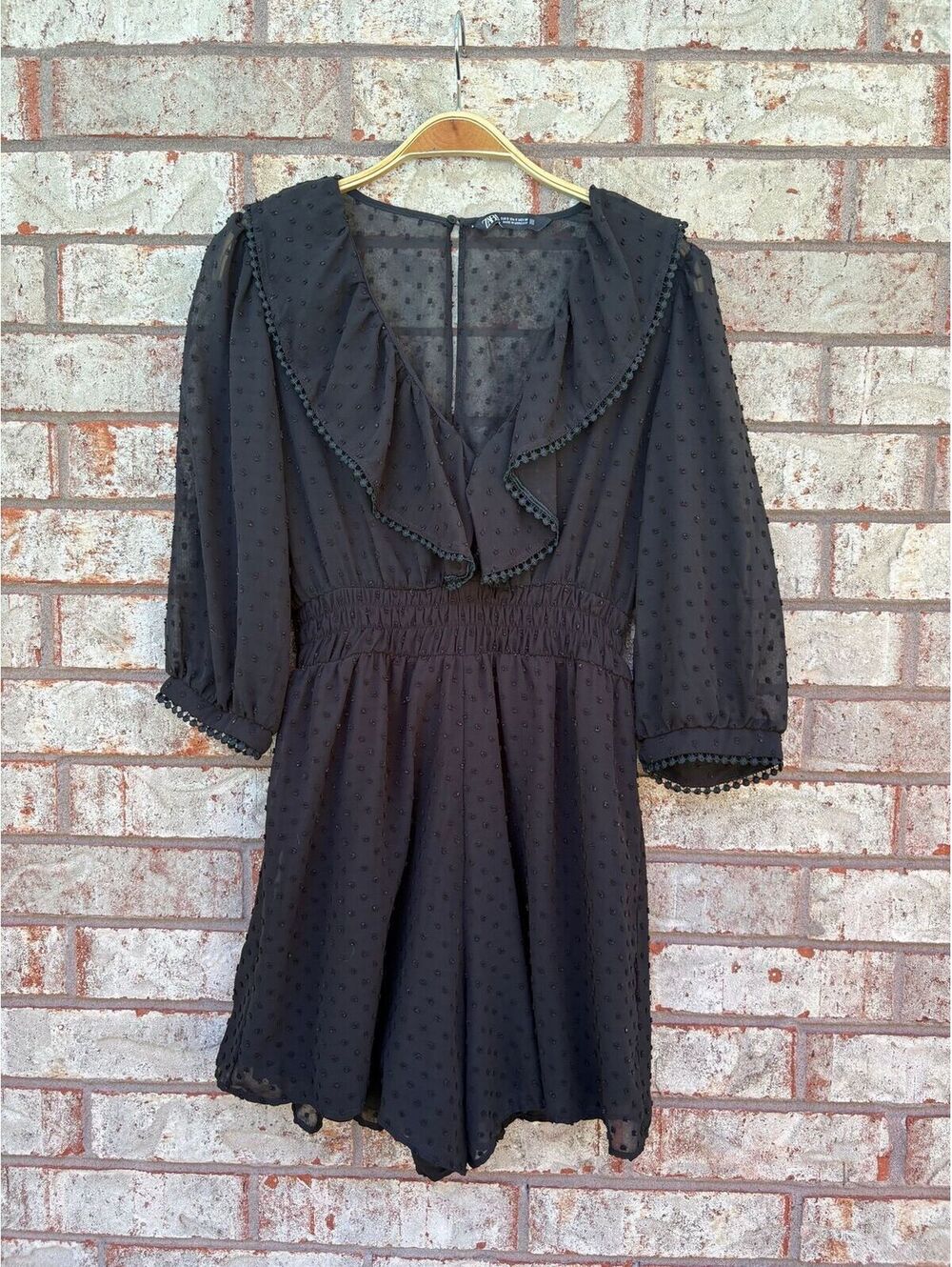 Zara Black Boho Long Sleeve Ruffle Romper Size S